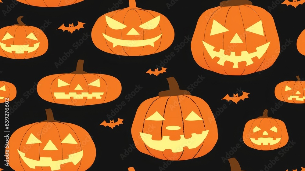 Seamless. Orange jack-o'-lantern pumpkins with glowing faces and bats on black background. Spooky and festive design perfect for Halloween themes. Seamless. Orange jack-o'-lantern pumpkins with glowing faces and bats on black background. Spooky and festive design perfect for Halloween themes.