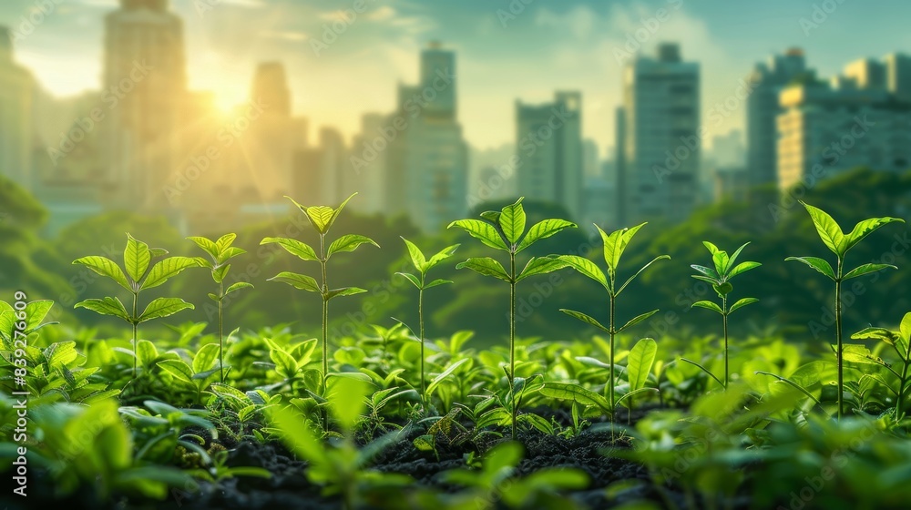 A business landscape with green arrows rising, representing the growth driven by ESG initiatives and sustainable development practices A business landscape with green arrows rising, representing the growth driven by ESG initiatives and sustainable development practices