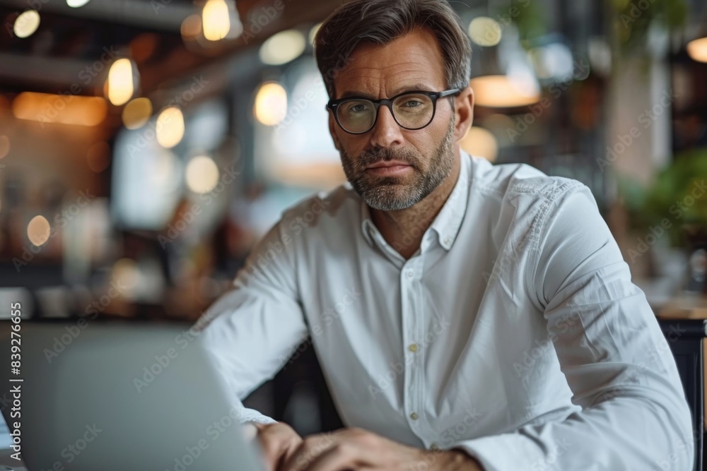 Man uses laptop at table