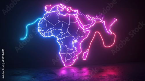 product photo of neon 3D image of africa map visual lines neon lights digial mobile communication technology data training AI generated