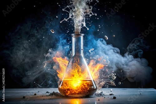 chemical flask explode with fire and smoke. Lab accident