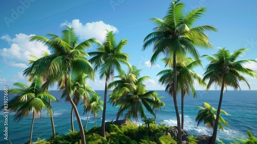 A cluster of palm trees swaying gently in the breeze on a remote tropical island. The vibrant green fronds contrast beautifully against the deep blue of the ocean and the azure sky above. © SAQLAIN