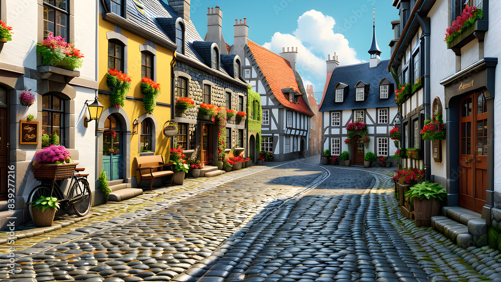 Naklejka premium Quaint Cobblestone Street - A picturesque cobblestone street lined with historic buildings, perfect for travel and nostalgia,Generative AI