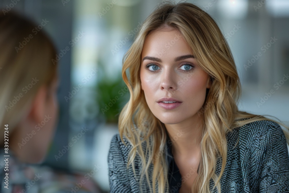 Woman with blonde hair and blue eyes observing another female in a room Woman with blonde hair and blue eyes observing another female in a room