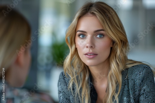 Wallpaper Mural Woman with blonde hair and blue eyes observing another female in a room Torontodigital.ca