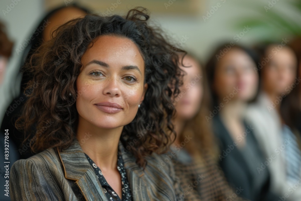 Curly-haired woman seated in front of group Curly-haired woman seated in front of group