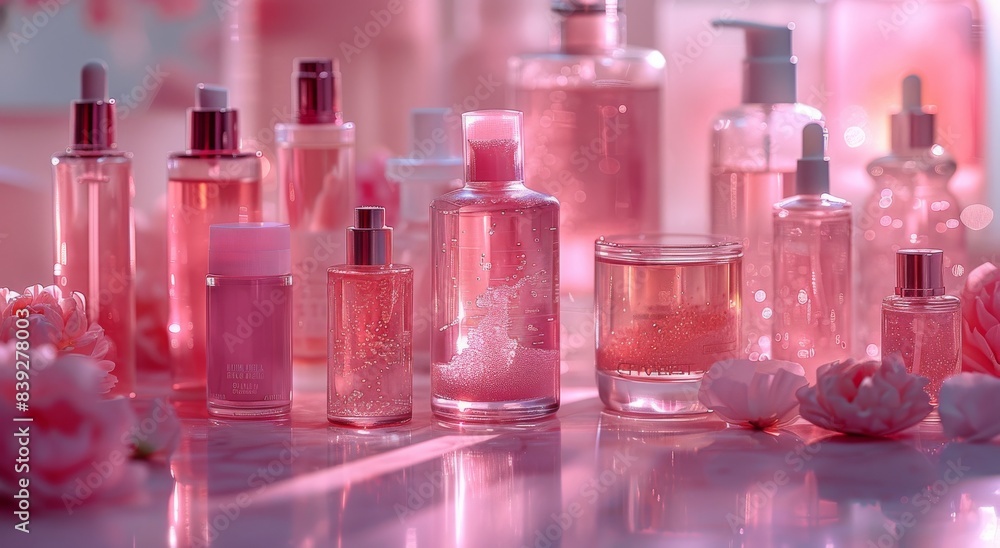 A wallpaper featuring various pink cosmetic bottles without labels or logos. A wallpaper featuring various pink cosmetic bottles without labels or logos.