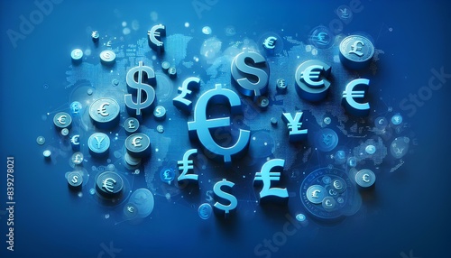 Global Currency Symbols on a Blue Background, scattering of various currency symbols, including dollar, euro, pound, and yen, are depicted against a blue background, emphasizing the diverse financial 