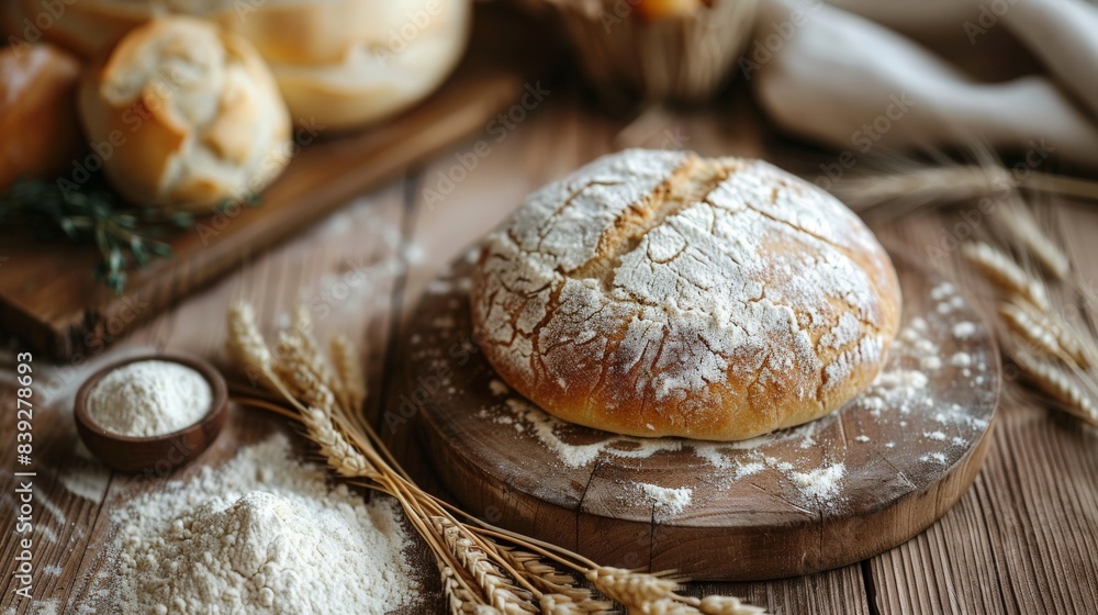 Rustic Farmhouse Bread With Flour Dusting and Wheat Stalks. Generative AI Rustic Farmhouse Bread With Flour Dusting and Wheat Stalks. Generative AI