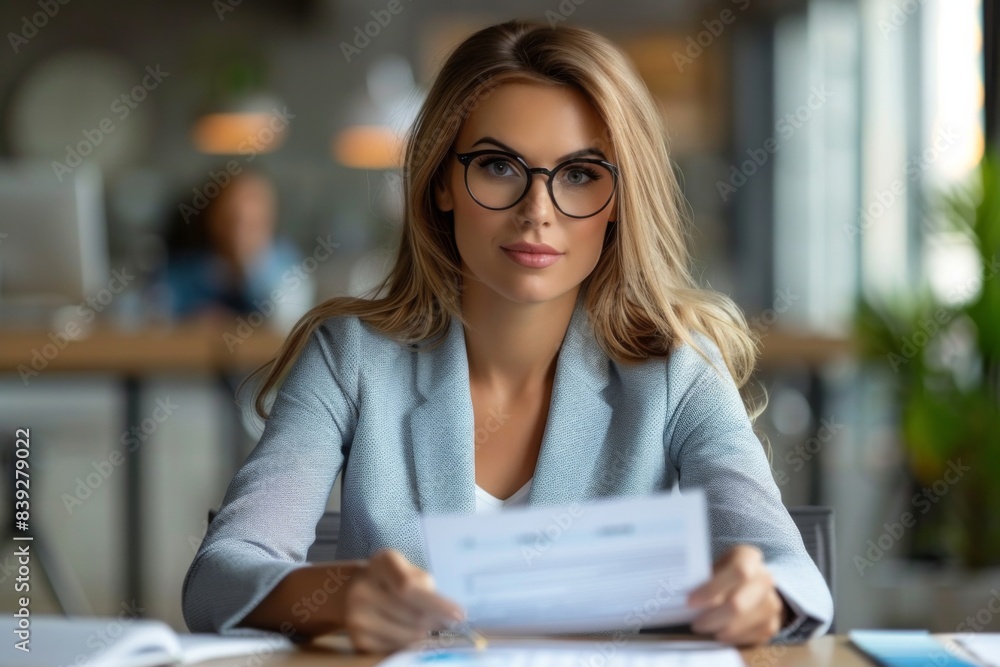 Woman glasses papers pen table sit Woman glasses papers pen table sit