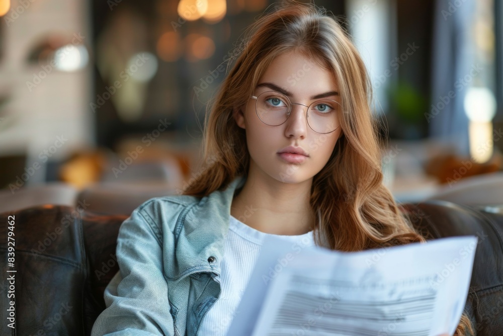 Woman reading document on couch Woman reading document on couch