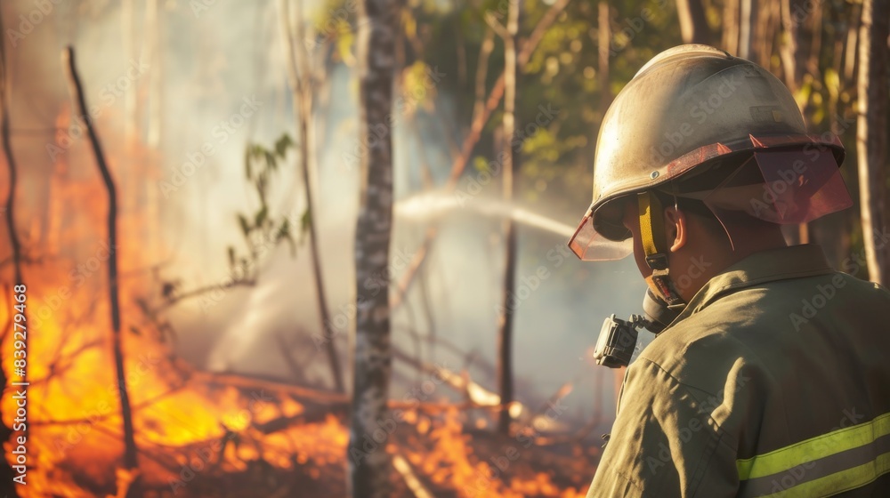 Naklejka premium side view, portrait of a fireman in a helmet who extinguishes a burning forest --no text, titles, --ar 16:9 --quality 0.5 --stylize 0 Job ID: 95aa3dce-dd2d-408a-81cc-65b7dbdec98c