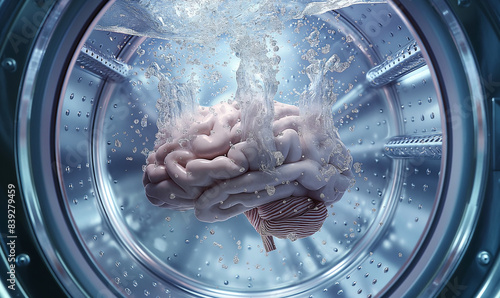conceptual image depicting a brain being washed inside a washing machine, representing the idea of brainwashing