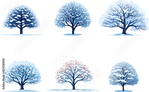 Trees  covered with snow . Vector winter tree collection. Vector winter tree set.