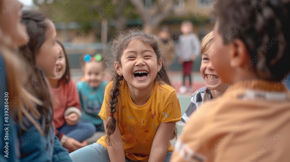 Fototapeta premium Kids playing a game during recess, laughing and having fun together.