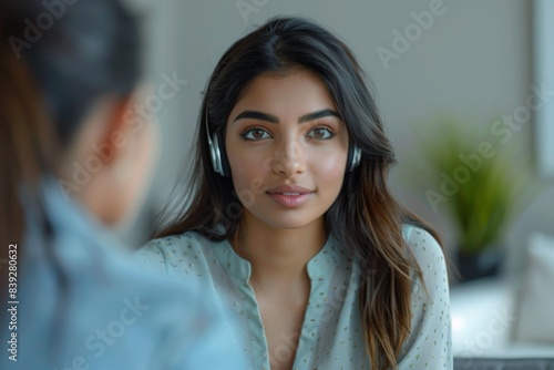 Wallpaper Mural Woman in headphones conversing with man Torontodigital.ca