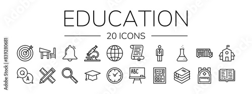 Set of 20 Education and Learning web icons in line style. School, university, textbook, learning. Vector illustration.