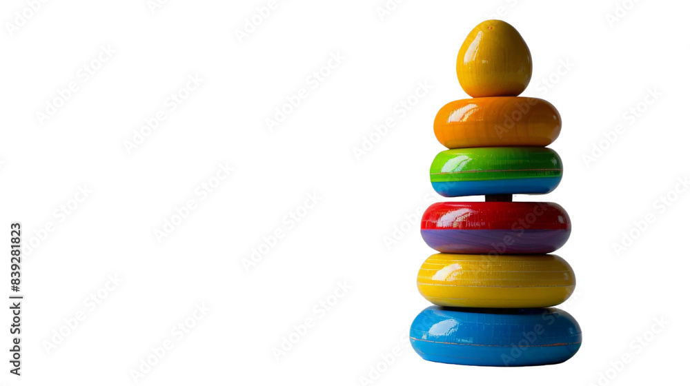 Close-up of a colorful wooden stacking toy isolated on a white background Close-up of a colorful wooden stacking toy isolated on a white background