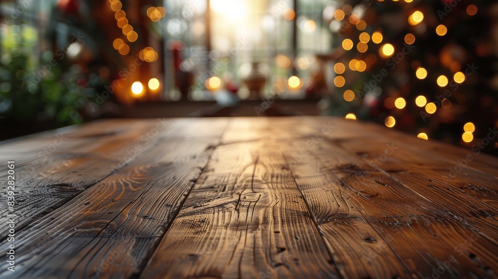 Rustic christmas tabletop with warm glowing lights Rustic christmas tabletop with warm glowing lights