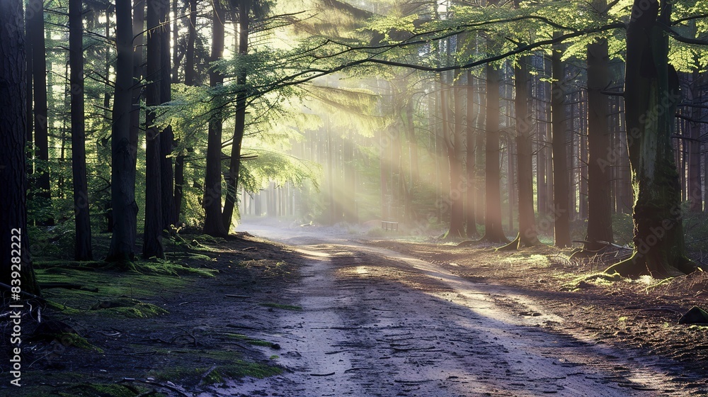 Obraz premium Empty dirt road winding through a dense forest, close-up, sunbeams piercing through tall trees, tranquil, no people 