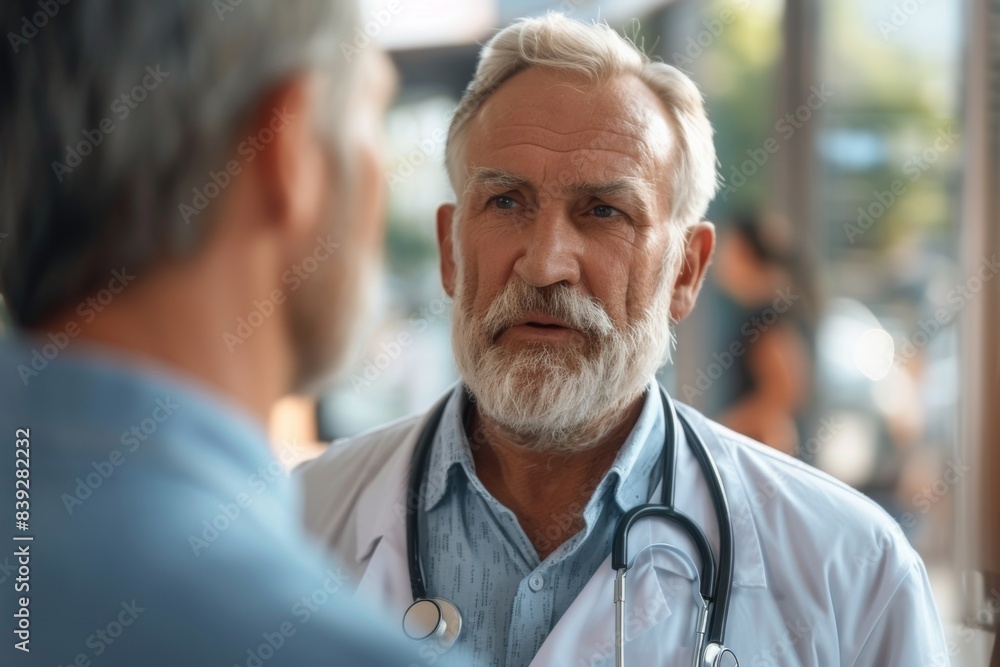 Doctor with stethoscope conversing with male Doctor with stethoscope conversing with male