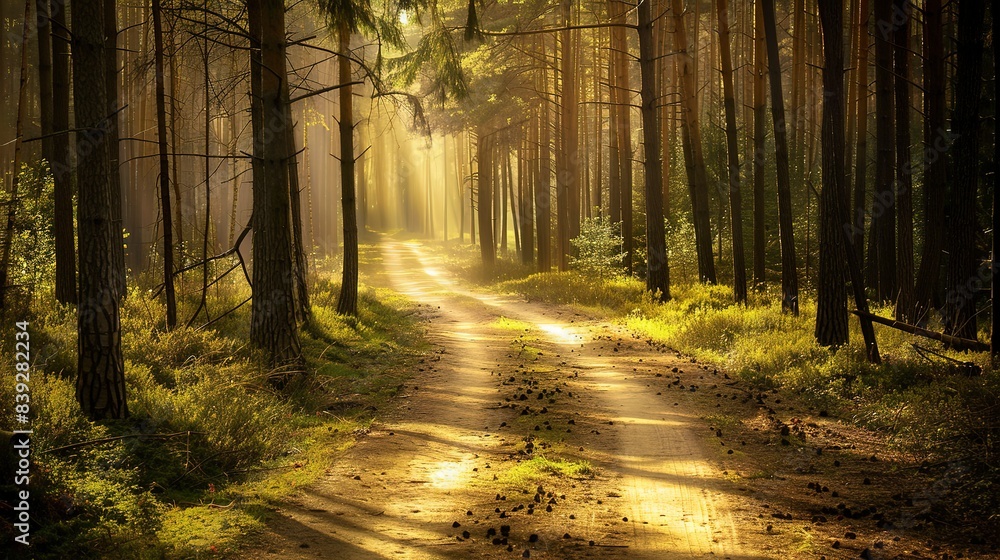 Empty dirt road winding through a dense forest, close-up, sunbeams piercing through tall trees, tranquil, no people Empty dirt road winding through a dense forest, close-up, sunbeams piercing through tall trees, tranquil, no people
