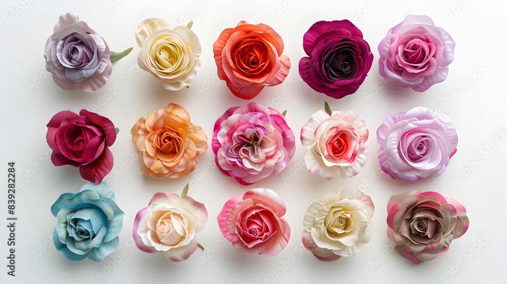 Top view of colorful artificial roses on a white background, vibrant, elegant, realistic, decorative, bright Top view of colorful artificial roses on a white background, vibrant, elegant, realistic, decorative, bright