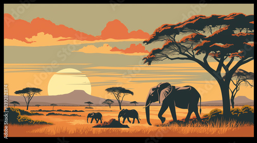Vintage Travel Poster featuring elephants in front of a vast savannah at sunset photo