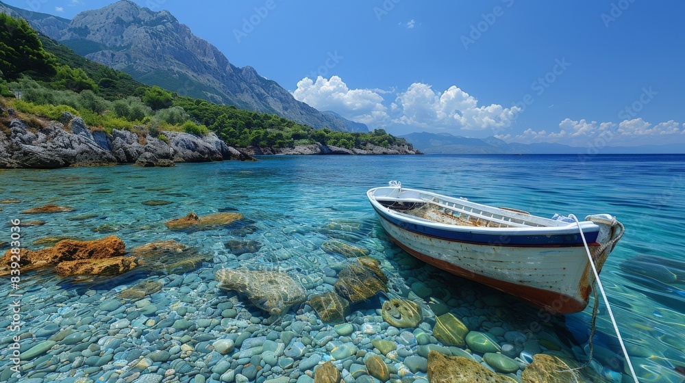 A Solitary Boat Anchored in the Turquoise Waters of a Tranquil Coastal Cove. Generative AI