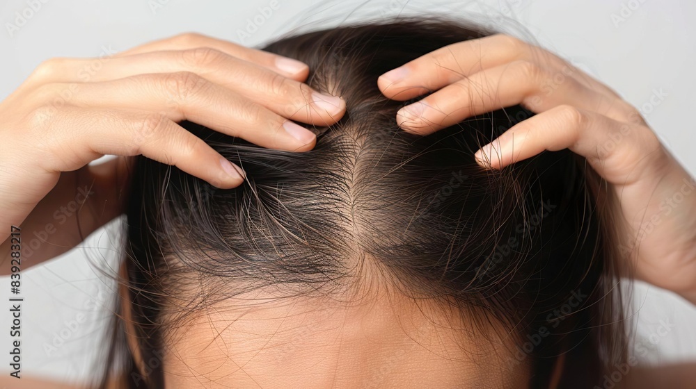A close-up image of a woman's scalp. The woman is running her fingers through her hair. A close-up image of a woman's scalp. The woman is running her fingers through her hair.
