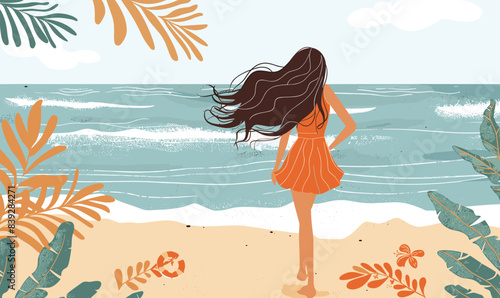 Woman standing beach looking sea, wind long hair, tropical setting. Female figure enjoys serene ocean view, surrounded foliage, summer vibe. Elegant lady orange dress adores coastal scenery