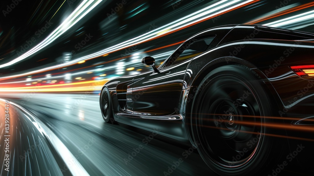 Highspeed sports car racing on illuminated highway with light trails at night, adventure travel concept for business executives Highspeed sports car racing on illuminated highway with light trails at night, adventure travel concept for business executives