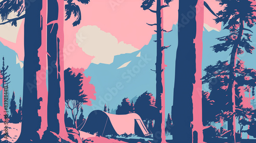 Vintage style Travel Poster featuring a tent in the woods somewhere in the north