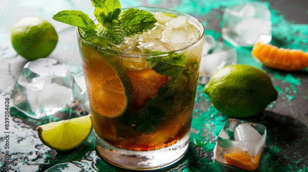 Glass of iced drink with mint, lime, and ice cubes on a wet surface. Concept of a refreshing summer cocktail. Glass of iced drink with mint, lime, and ice cubes on a wet surface. Concept of a refreshing summer cocktail.