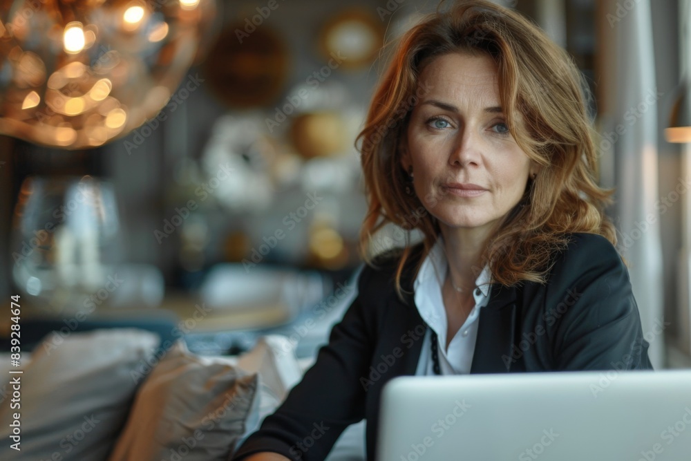 Woman utilizing laptop on couch Woman utilizing laptop on couch