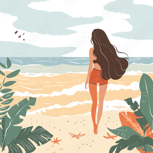 Woman walking beach, long hair, bikini bottom, looking sea. Calm beach scene, tropical foliage, starfish, tranquil sea, fluffy clouds. Female ocean, peaceful stroll, serene afternoon