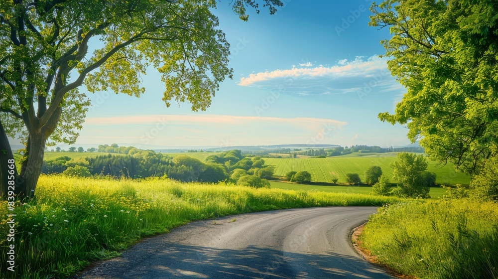 Fototapeta premium Winding country road through green fields