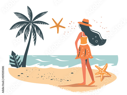 Woman strolling beach near ocean, summer dress, hat, looking starfish. Tropical beach scene, female enjoys serene coastline, vacation vibe. Casual summerwear, tranquil seaside, travel theme