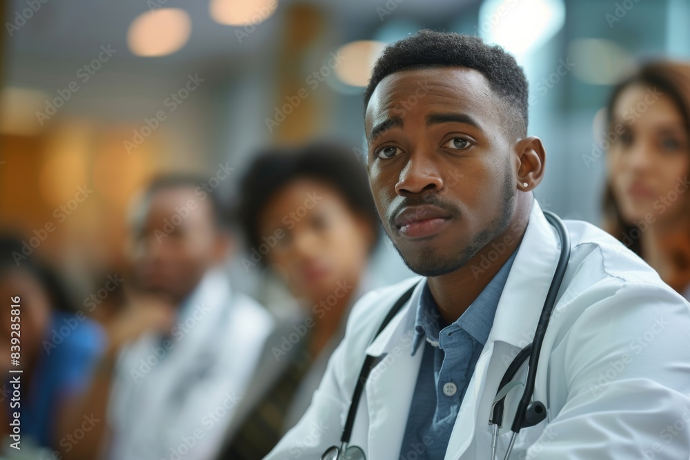 Scientist in white coat presenting to audience Scientist in white coat presenting to audience