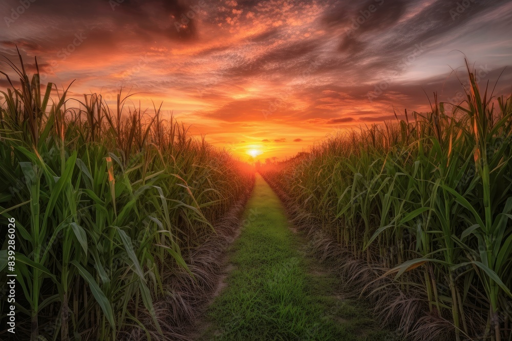Radiant Sugar cane field sunset. Tropical culture. Generate Ai Radiant Sugar cane field sunset. Tropical culture. Generate Ai