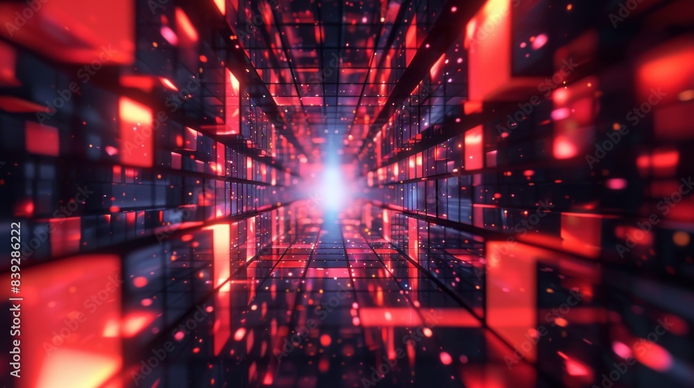 Obraz premium A vibrant, glowing tunnel with red and blue neon lights. The atmosphere is futuristic and energetic.