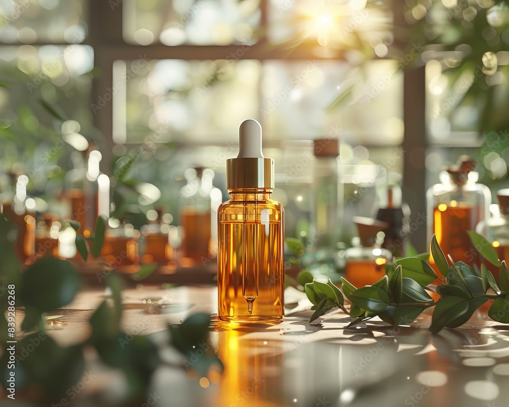 Serene botanical setting with glass dropper bottle in focus, surrounded by lush plants and natural light, perfect for skincare or aromatherapy. Serene botanical setting with glass dropper bottle in focus, surrounded by lush plants and natural light, perfect for skincare or aromatherapy.