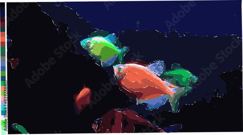 colorful tetra fish swimming on the bottom of very attractive fresh water, with abstract background