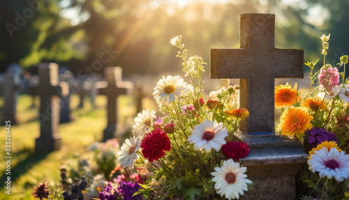 Grave cross with flowers, peaceful cemetery in sunlight. 