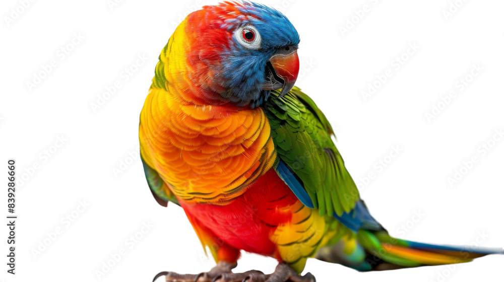 Obraz premium A vibrant, multi-colored parrot perched on a branch with a white background