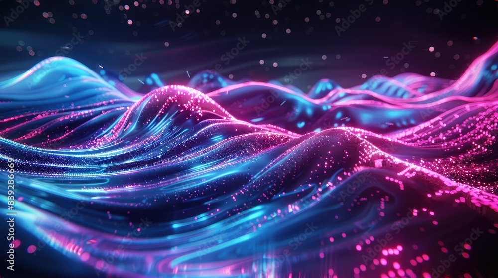 Obraz premium Glowing neon waves rippling in darkness, futuristic and vibrant