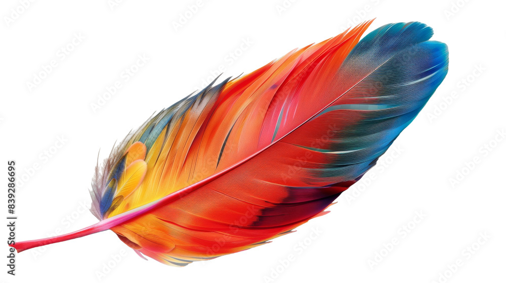 A single brightly colored bird feather against a white background A single brightly colored bird feather against a white background