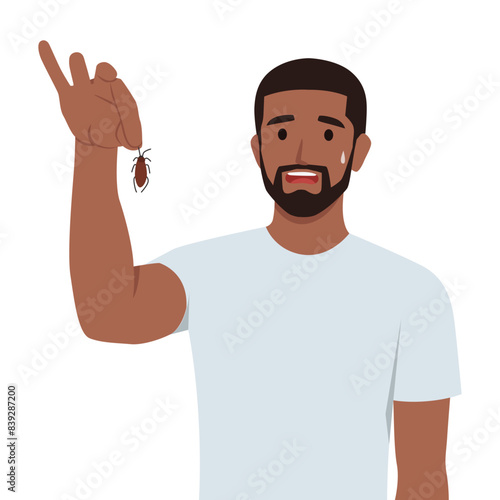 Young bearded and expressive man holding an insect or cockroach with the fingers. Flat vector illustration isolated on white background