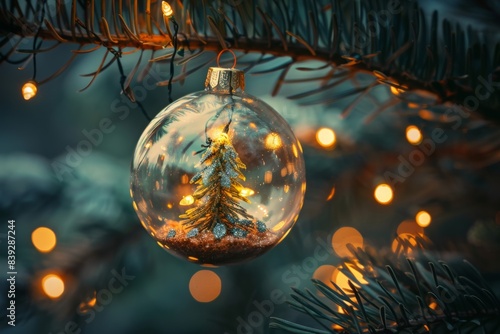 Glass ball with Christmas tree hanging from tree photo