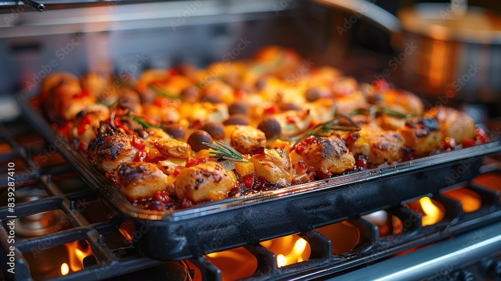 Baking Dish of Roasted Chicken and Vegetables on Stovetop Baking Dish of Roasted Chicken and Vegetables on Stovetop